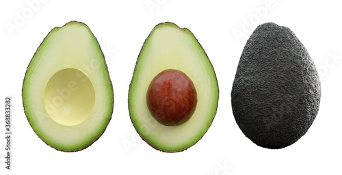 Avocado cut in half on white background.