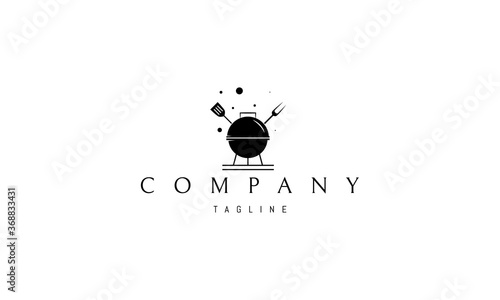 Vector logo on which an abstract image of a grill with a spatula and a fork.
