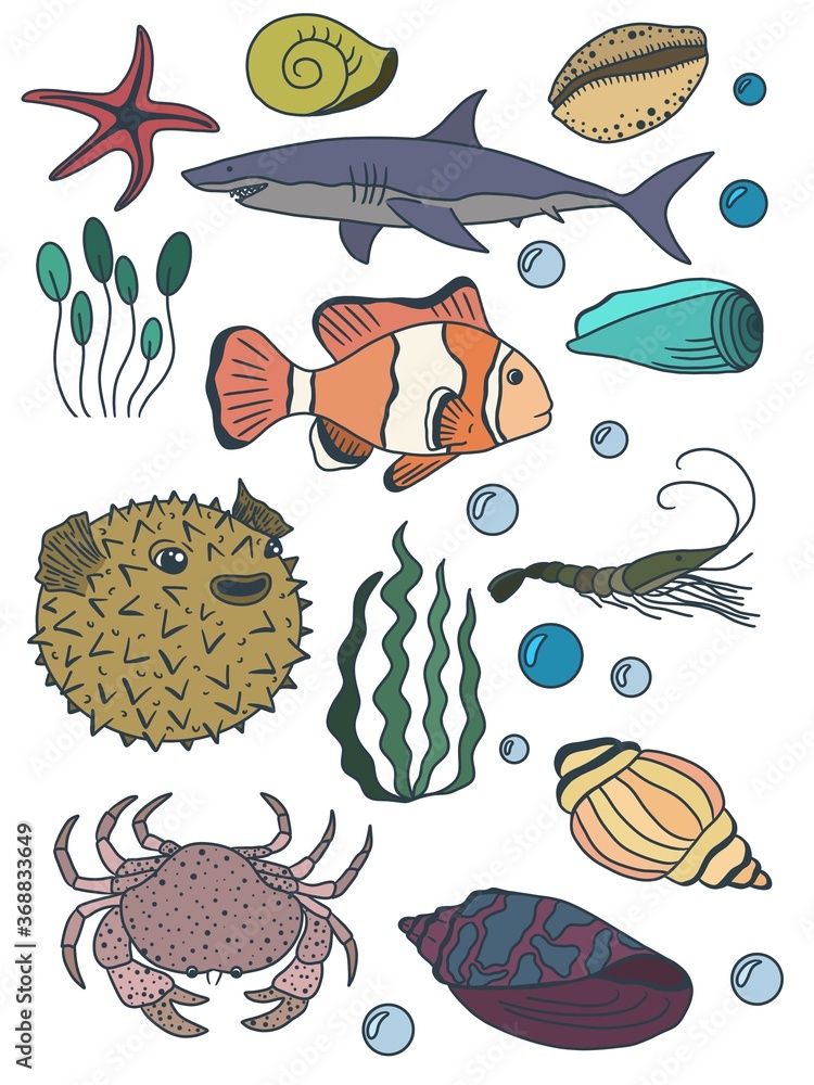 Set of underwater world. Fish. Shell. Seaweed Set of underwater world. Fish. Shell. Seaweed