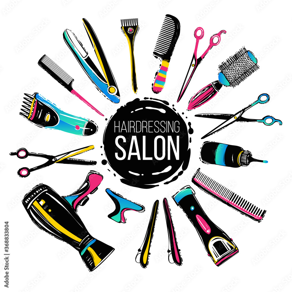 Colorful hairdresser decorative set with beauty haircut accessories and equipment with round haircut salon logo in center. Beauty salon and barbershop background - professional hairdressing tools. Stock Vector | Adobe Stock Colorful hairdresser decorative set with beauty haircut accessories and equipment with round haircut salon logo in center. Beauty salon and barbershop background - professional hairdressing tools. Stock Vector | Adobe Stock