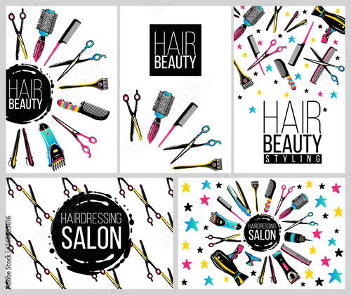 Barber shop, haircut & beauty salons banners, flyers, cards template. Inspired by fashion professional hairdressers tools.Vector illustration. Isolated elements on white background