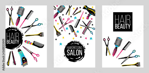 Barber shop, haircut & beauty salons banners, flyers, cards template. Inspired by fashion professional hairdressers tools.Vector illustration. Isolated elements on white background