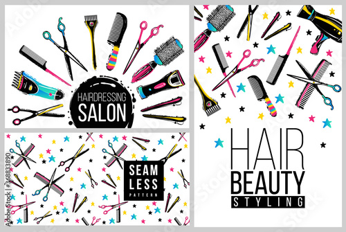 Barber shop, haircut & beauty salons banner, flyer, card template set. Inspired by fashion professional hairdressers tools.Vector illustration & seamless pattern. Isolated elements on white background