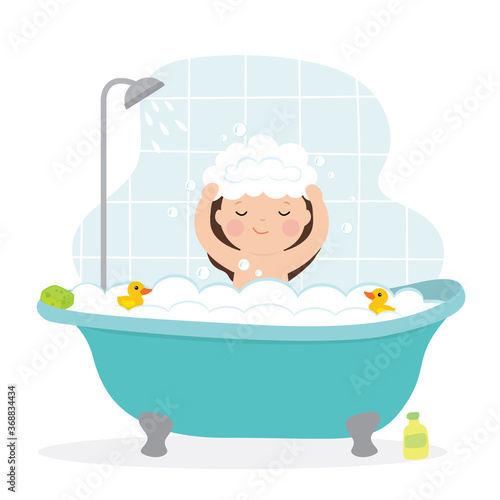 Cartoon caucasian girl kid takes a bath. Happy child sits in bathtub with soap bubbles and ducks.