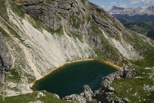 Lake of Boe, a little alpine lake in Dolomite mountain in Alta Badia, Alto Adige, Italy