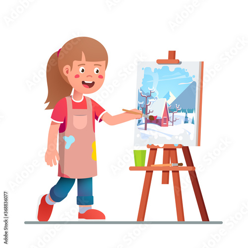 Artist girl kid painting winter picture on canvas