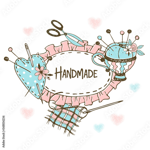 Cute frame with ruffle in Doodle style with sewing accessories. Vector