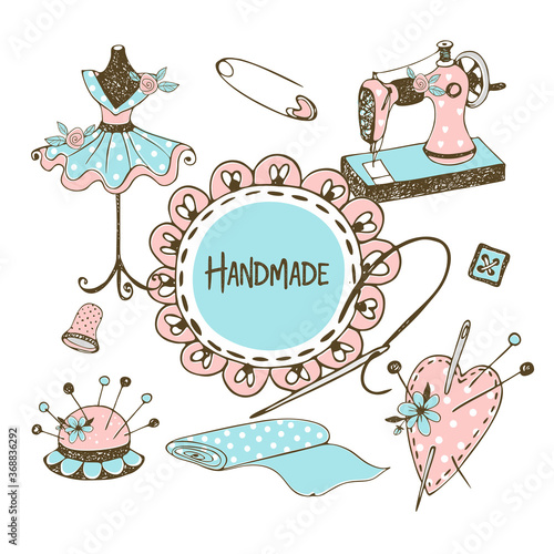Cute frame with ruffles in Doodle style with a sewing machine and tailor mannequins . Vector.