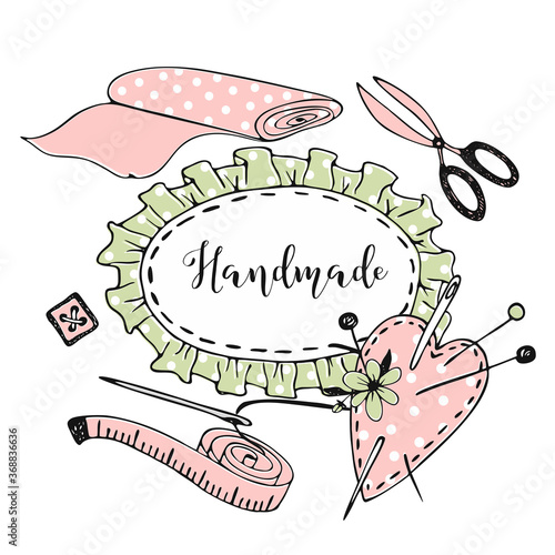 Cute frame in Doodle style on the theme of needlework sewing and tailoring. Vector.