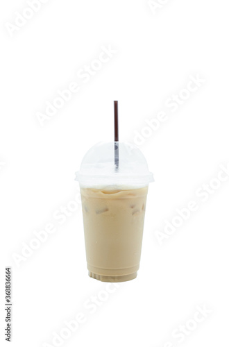 Ice coffee in plastic glasses with brown straw on whited background isolated