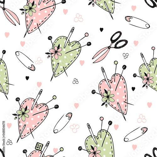 Seamless polka dot pattern on the theme of needlework with cute sewn hearts pillows for needles. Vector.
