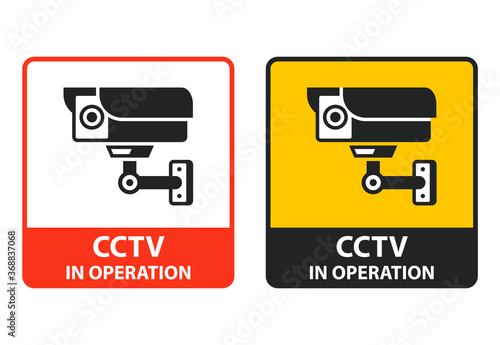 red and yellow sticker. attention is being monitored. protection of the territory from crime. flat vector illustration.