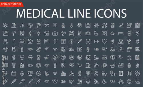 Medical Vector Icons Set. Line Icons, Sign and Symbols in Flat Linear Design Medicine and Health Care with Elements for Mobile Concepts and Web Apps. Collection Modern Infographic Logo and Pictogram.