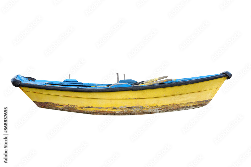 yellow wooden fishing boat isolated on white background yellow wooden fishing boat isolated on white background