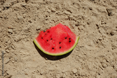 Skiba watermelon on the sand. Food at sea photo