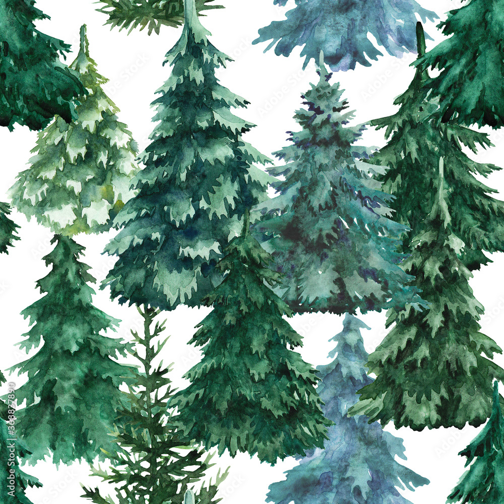 Watercolor Christmas trees, seamless pattern