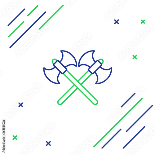 Line Crossed medieval axes icon isolated on white background. Battle axe, executioner axe. Colorful outline concept. Vector.