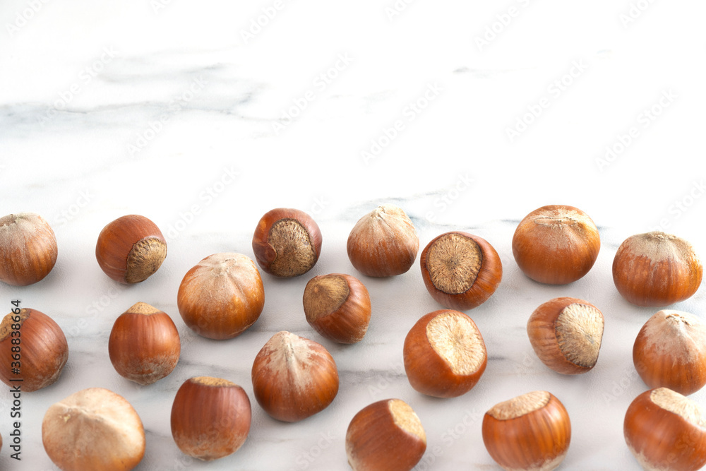 Hazelnuts in shells are scattered on the white table at the bottom of the photo. Healthy food high in antioxidants, protein, minerals and vitamins. Vegetarian food. Raw food concept. Close-up Hazelnuts in shells are scattered on the white table at the bottom of the photo. Healthy food high in antioxidants, protein, minerals and vitamins. Vegetarian food. Raw food concept. Close-up