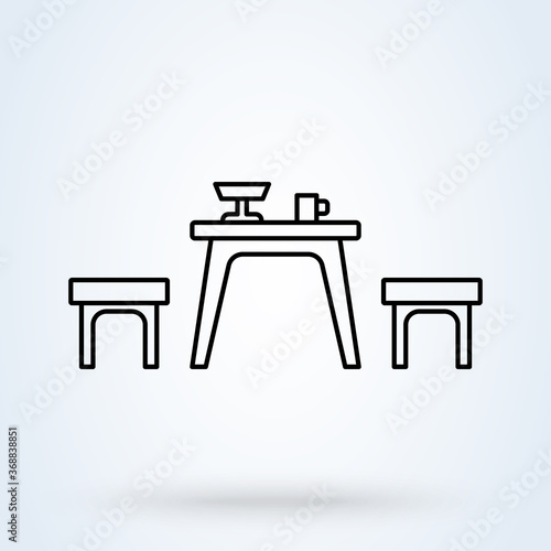 Vector illustration of a picnic in the park. table with umbrella, basket, fruits, sandwich, wine and others. vector Simple modern icon design illustration.
