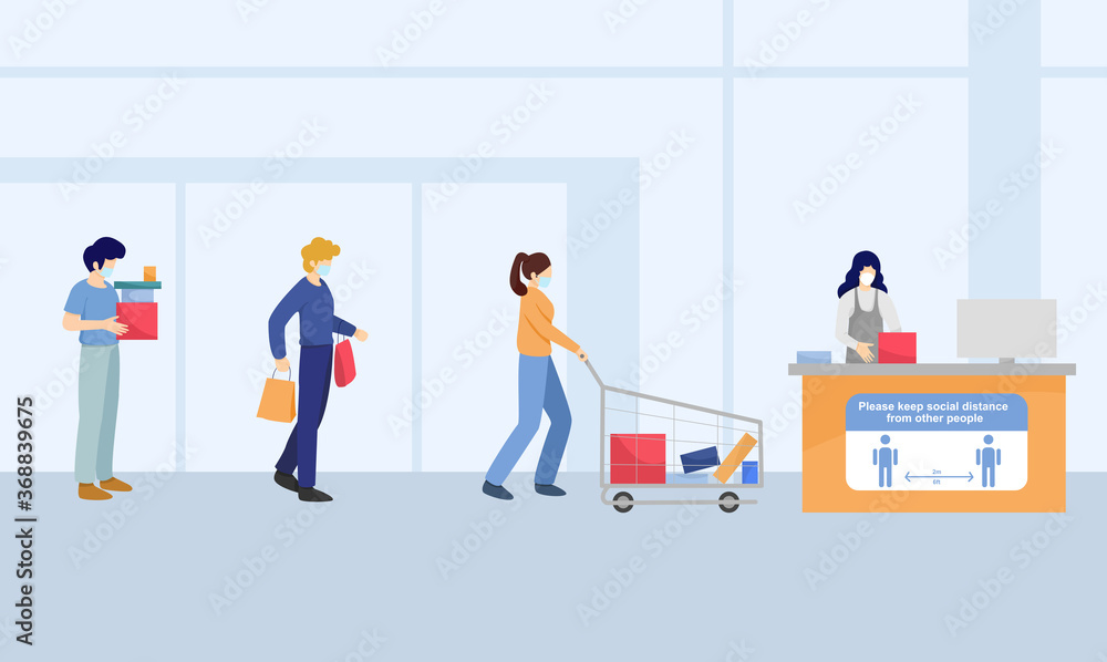 Social distancing, People wait in line for paying at shopping mall , keep distance for 2 centimetres, health protection, new normal,vector illustration Social distancing, People wait in line for paying at shopping mall , keep distance for 2 centimetres, health protection, new normal,vector illustration