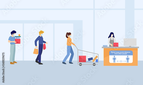 Social distancing, People wait in line for paying at shopping mall , keep distance for 2 centimetres, health protection, new normal,vector illustration