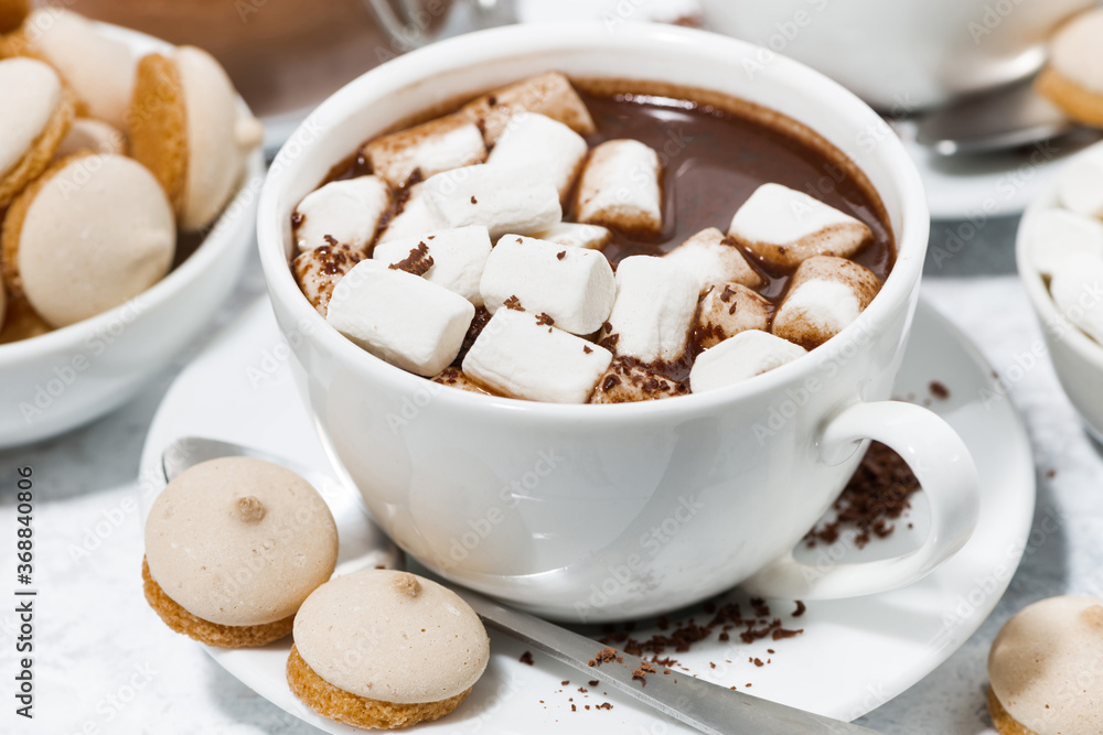 cups of hot chocolate with marshmallows, horizontal cups of hot chocolate with marshmallows, horizontal