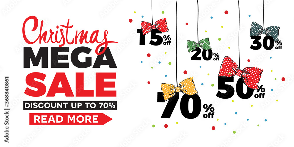 Fototapeta premium Christmas sale banner design. Beautiful attractive bows on Up to 30% 15% 20% 50% 70% off