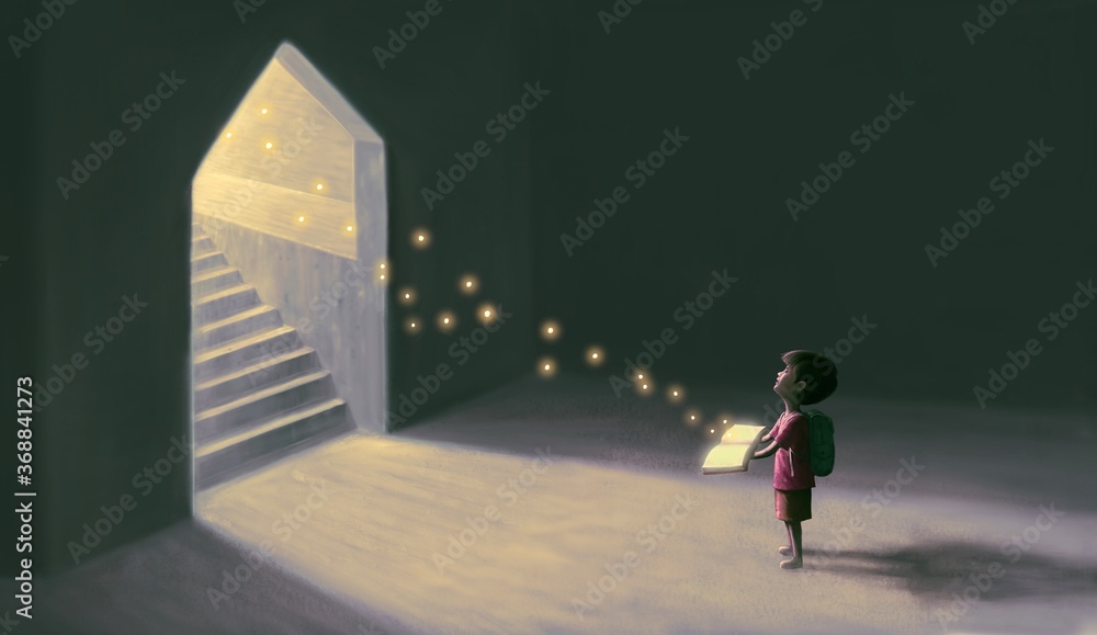 Education hope and learning concept, boy with magic book, surreal artwork, child art, fantasy painting, dream illustration Education hope and learning concept, boy with magic book, surreal artwork, child art, fantasy painting, dream illustration