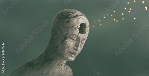Freedom of expression , life, faith, hope concept. surreal painting artwork , imagination art, fireflies with broken human 
 photo