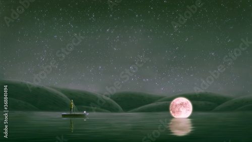 Surreal artwork, man on a boat with the moon in the sea, imagination painting , hope dream solitude and loneliness concept illustration, night landscape art photo