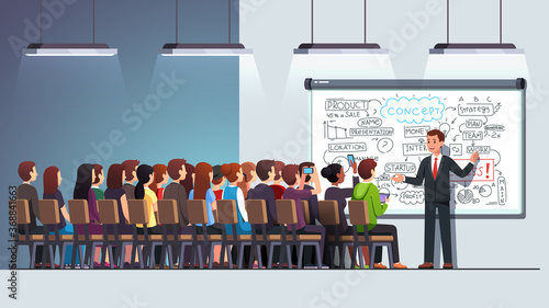 Business man teacher delivering speech to a crowd