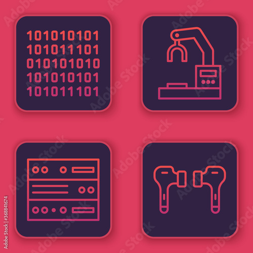 Set line Binary code, Server, Data, Web Hosting, Robotic robot arm hand factory and Air headphones. Blue square button. Vector.