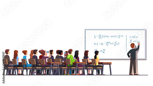 Professor writing formula on big white blackboard
