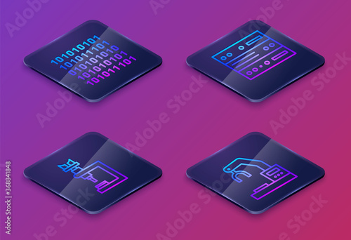Set Isometric line Binary code, Microscope, Server, Data, Web Hosting and Robotic robot arm hand factory. Blue square button. Vector.