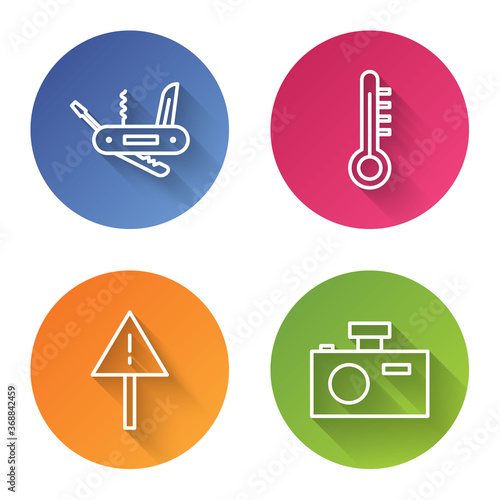 Set line Swiss army knife, Meteorology thermometer, Exclamation mark in triangle and Photo camera. Color circle button. Vector.