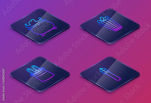 Set Isometric line Witch cauldron, Magician hat and rabbit ears, Popcorn in box and Magic staff. Blue square button. Vector.