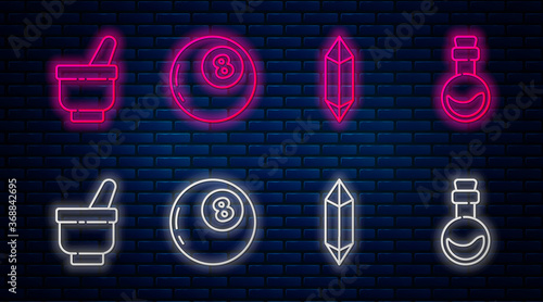 Set line Magic ball of predictions, Magic stone, Magic mortar and pestle and Bottle with love potion. Glowing neon icon on brick wall. Vector.