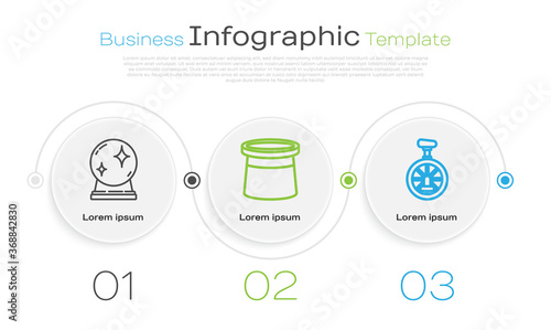 Set line Magic ball, Magician hat and Unicycle or one wheel bicycle. Business infographic template. Vector.