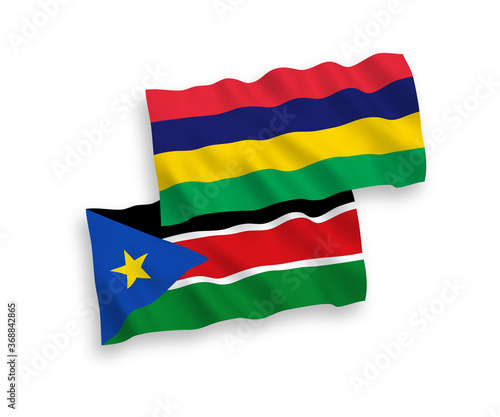 Flags of Republic of South Sudan and Republic of Mauritius on a white background