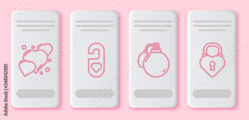 Set line Heart, Please do not disturb with heart, Perfume and Castle in the shape of a heart. White rectangle button. Vector.