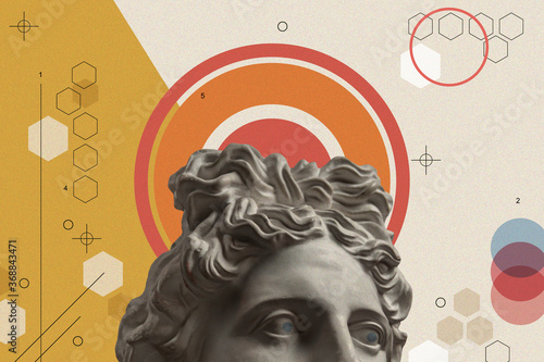 Art collage with antique sculpture of Apollo face and numbers, geometric shapes. Beauty, fashion and health theme. Science, research, discovery, technology concept. Zine culture. Pop art style.