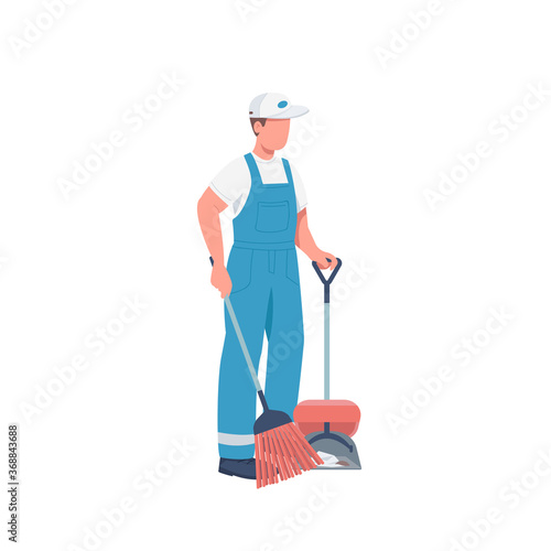 Janitor with broom flat color vector faceless character