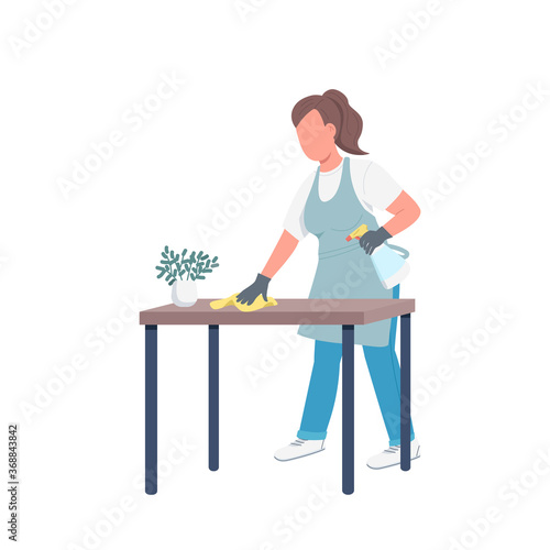 Housekeeper wiping dust flat color vector faceless character