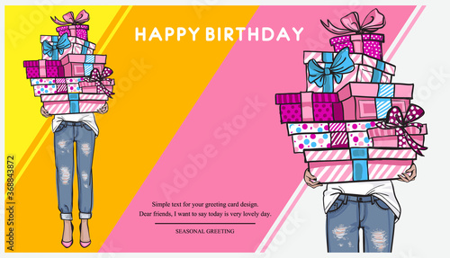 Bright Happy birthday horizontal card or banner. Young woman in jeans holding a lot of gifts in boxes. Happy birthday text. Hand drawn festive fashion illustration