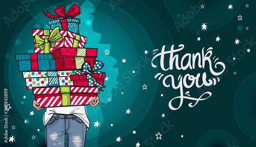 Happy birthday or christmas greeting card. Young woman in jeans holding a lot of gifts in boxes. Make a wish lettering. Hand drawn festive fashion illustration