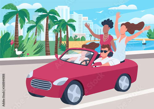Man in car surrounded by girls flat color vector illustration