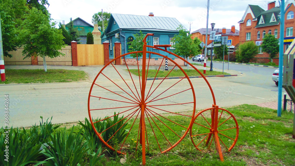 Russia. Ulyanovsk. May 18, 2019 The bicycle as an element of urban decoration. The street is not a big city