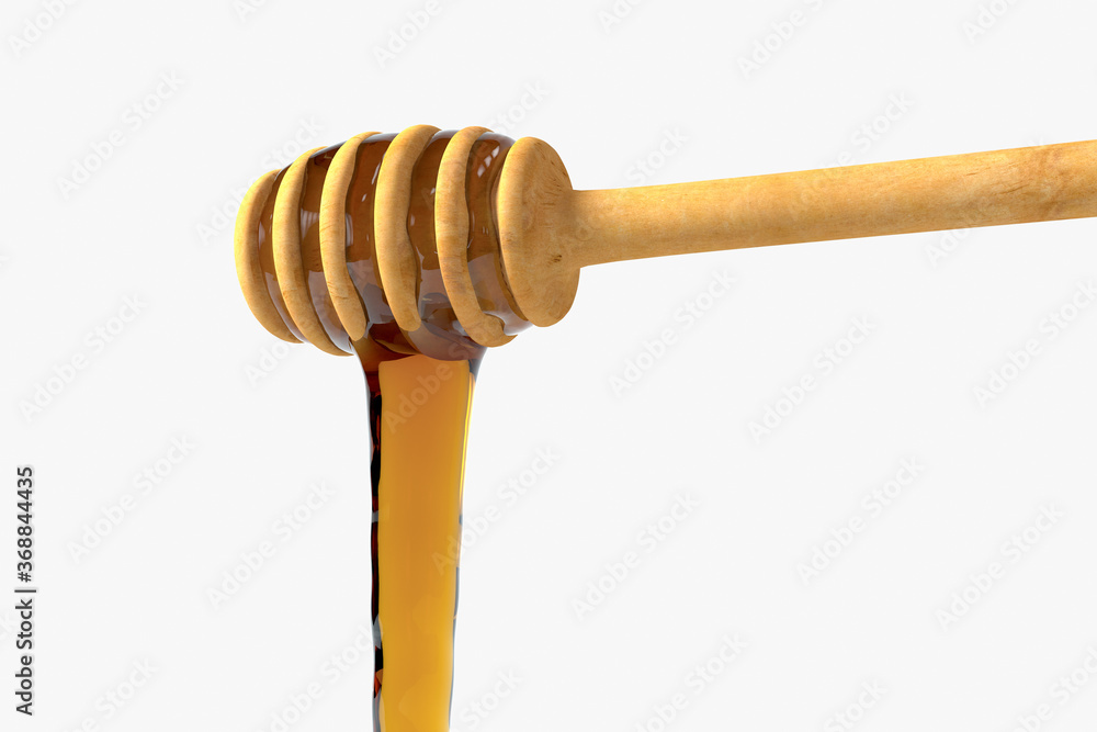 Golden honey drop from honey dipper, 3d rendering. Golden honey drop from honey dipper, 3d rendering.