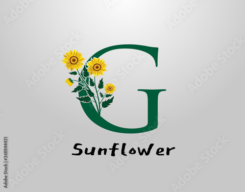 G Letter with sunflower vector design. Flower Plant G Logo Icon. Typography design