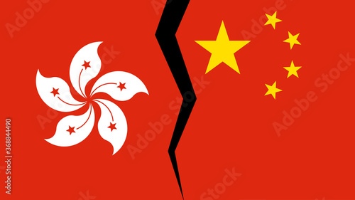 Vector illustration of the flags of China and Hong Kong, with a split/tear/fissure in between, indicating a conflict/disagreement/parting between the two.